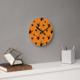 Reloj Redondo Mediano Arañas Patrón de Halloween negro y naranja