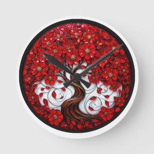 Reloj Redondo Mediano Árbol de flores rojas vibrantes con detalles elega