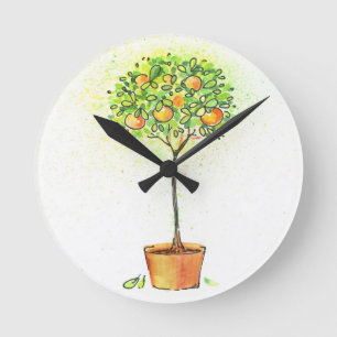 Reloj Redondo Mediano Árbol de fruta cítrica pintado de la acuarela en