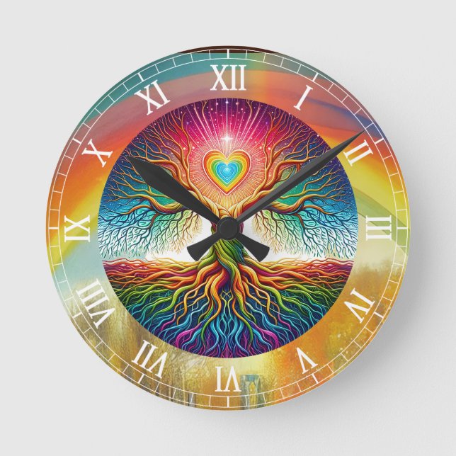 Reloj Redondo Mediano Árbol de la Vida Arcoíris  (Anverso)