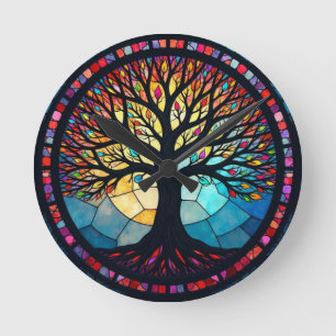 Reloj Redondo Mediano Árbol de la Vida de Vidrio Emplomado