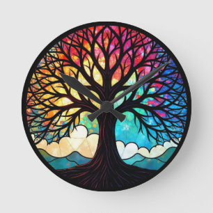 Reloj Redondo Mediano Árbol de la Vida de Vidrio Emplomado
