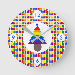 Reloj Redondo Mediano Árbol de Navidad arcoíris con hombres gay y regalo