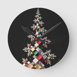 Reloj Redondo Mediano Árbol de Navidad Mosaico Cubos Fractal Futurista