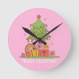 Reloj Redondo Mediano Árbol de Navidad retro rosa