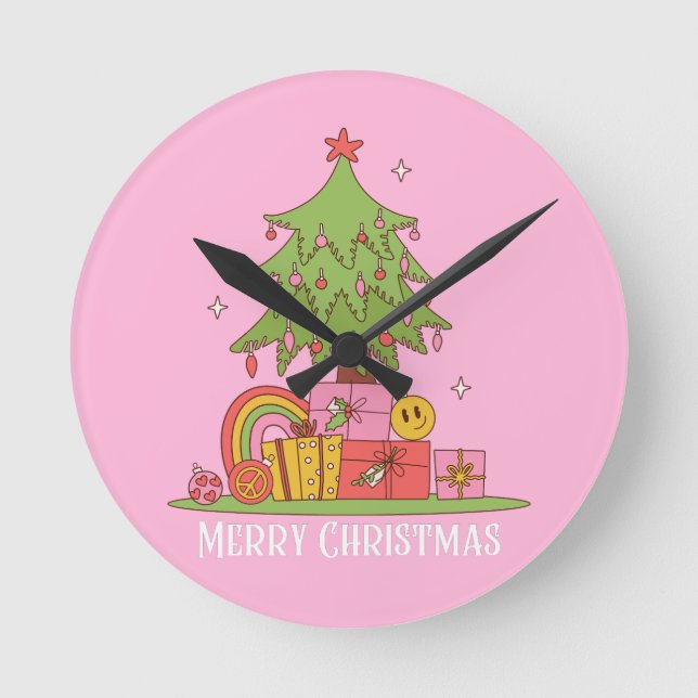 Reloj Redondo Mediano Árbol de Navidad retro rosa (Anverso)