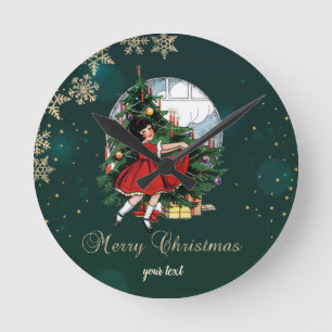 Reloj Redondo Mediano Árbol de Navidad Vintage, Niña Copos de Nieve