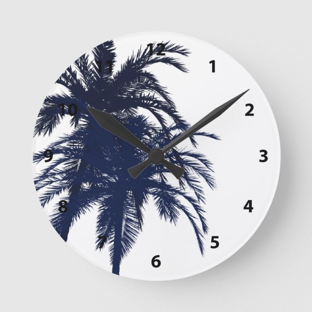 Reloj Redondo Mediano Árbol de palma tropical azul y blanco (Anverso)