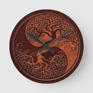 Reloj Redondo Mediano Árbol de piedra rojo de Yin Yang