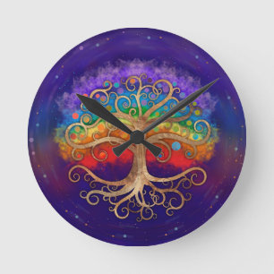 Reloj Redondo Mediano Árbol de vida Bizarda dorada y arco iris
