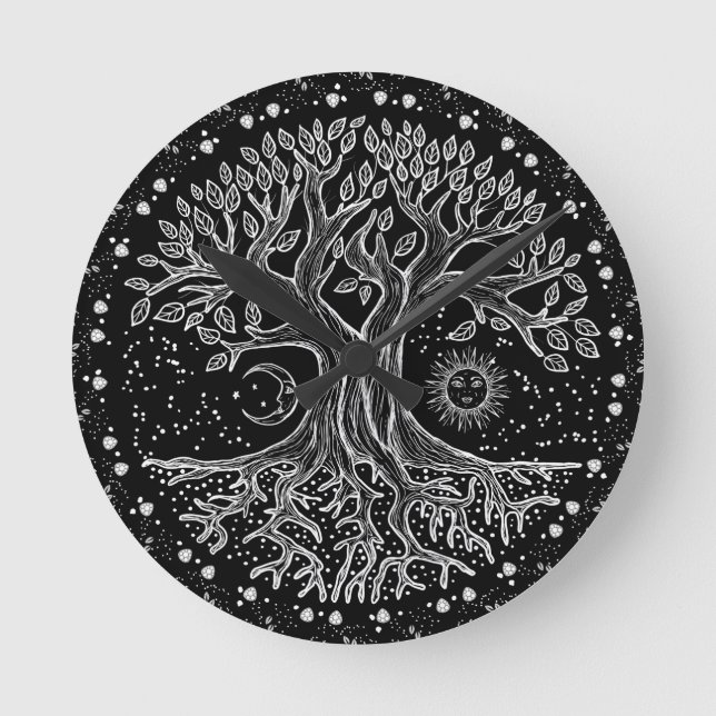 Reloj Redondo Mediano Árbol de vida - blanco y negro (Anverso)