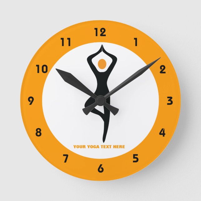 Reloj Redondo Mediano Árbol de yoga posado negro, naranja personalizado (Anverso)