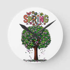 Reloj Redondo Mediano Árbol florecido de primavera gráfico artístico 