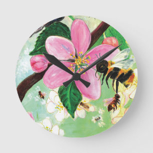Reloj Redondo Mediano Árbol floreciente de primavera con abejas