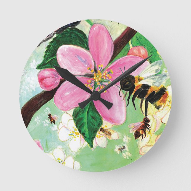 Reloj Redondo Mediano Árbol floreciente de primavera con abejas (Anverso)
