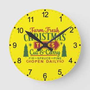 Reloj Redondo Mediano Árboles de Navidad Frescos de Granja Diseño Navide
