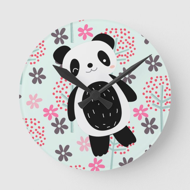 Reloj Redondo Mediano Árboles, flores y osos panda (Anverso)