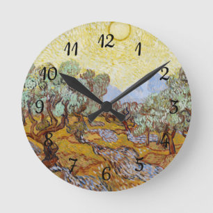 Reloj Redondo Mediano Árboles olivos con cielo y sol amarillos