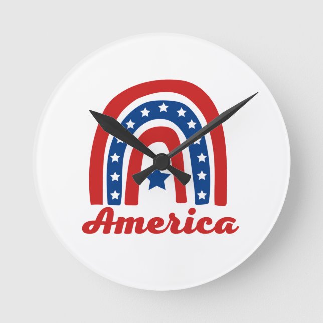 Reloj Redondo Mediano Arcoiris Estadounidense 4 De Julio (Anverso)