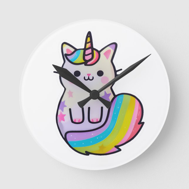 Reloj Redondo Mediano Arcoiris unicornio de gato blanco (Anverso)