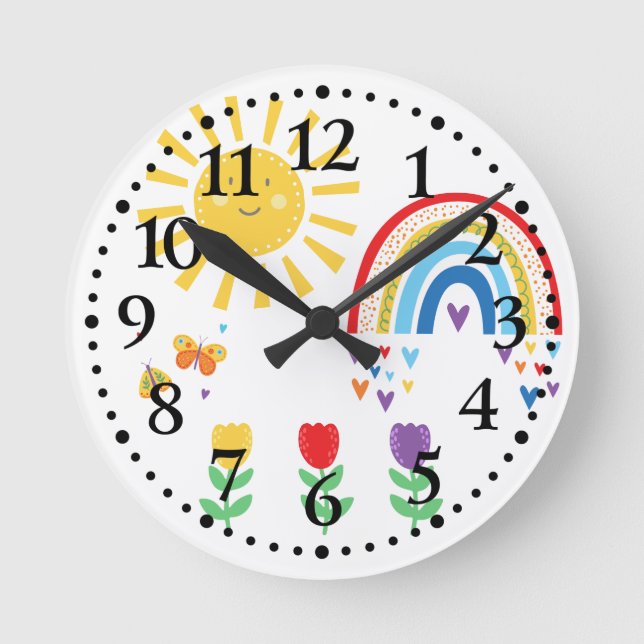 Reloj Redondo Mediano Arcos de lluvia, sol, mariposas, niños de tulipane (Anverso)