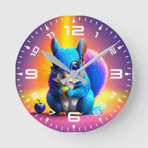 Reloj Redondo Mediano Ardilla Azul Comiendo Una Fruta