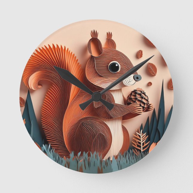 Reloj Redondo Mediano Ardilla de arte de papel sosteniendo una nuez 3D (Anverso)
