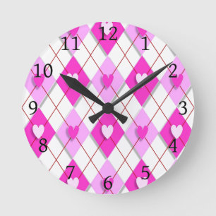 Reloj Redondo Mediano Argyle de corazones púrpuros