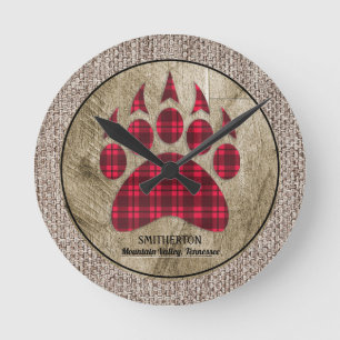 Reloj Redondo Mediano Arpillera Rústica Madera Plaid Rojo de Búfalo Pata