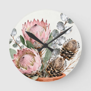 Reloj Redondo Mediano Arreglo de Protea Eucalipto Acuarela