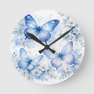 Reloj Redondo Mediano Arreglo Floral de Mariposa Azul