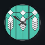 Reloj Redondo Mediano Art Deco<br><div class="desc">Este reloj tiene un diseño Art Deco de vidrieras de diamantes y líneas en blanco, negro y turquesa.</div>