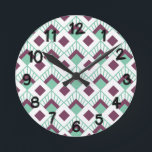 Reloj Redondo Mediano Art Deco Fans<br><div class="desc">This wall clock has an art deco design of seafoam green diamonds with diagonal lines and eggplant diamonds on a field of white.</div>