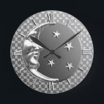 Reloj Redondo Mediano Art Deco Moon and Stars, Hematite Gray & Silver<br><div class="desc">Clock in a classic Art Deco moon and stars design in brushed silver with an enamel look,  hematite grey / gray background</div>