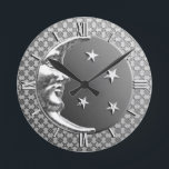 Reloj Redondo Mediano Art Deco Moon and Stars, Hematite Gray & Silver<br><div class="desc">Clock in a classic Art Deco moon and stars design in brushed silver with an enamel look,  hematite grey / gray background</div>
