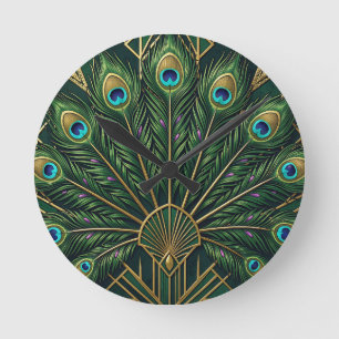 Reloj Redondo Mediano Art Deco Plumas de Pavo Real Verde Esmeralda Dorad