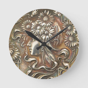 Reloj Redondo Mediano Art Nouveau Maiden Silver Repousse Acryllic Clock