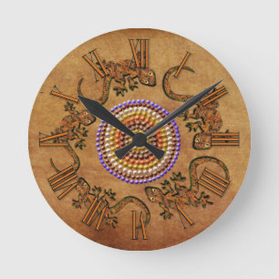 Reloj Redondo Mediano Arte aborigen australiano con un círculo de gecos
