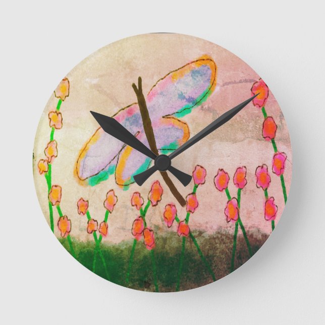 Reloj Redondo Mediano Arte abstracto de libélula funky (Anverso)