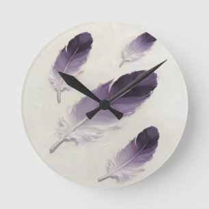 Reloj Redondo Mediano Arte Acrílico Moderno de Pluma de Lavanda Púrpura