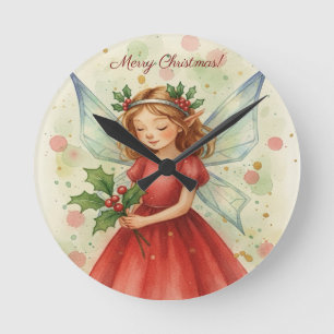 Reloj Redondo Mediano Arte acuarela de hada de Navidad festiva