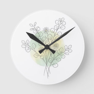 Reloj Redondo Mediano Arte Botánico de Línea de Eucalipto Verde Acuarela
