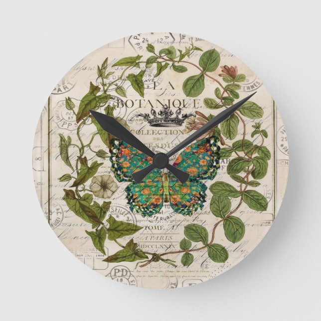 Reloj Redondo Mediano arte botánico escritura de campo francés mariposa  (Anverso)