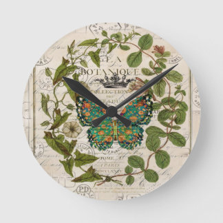 Reloj Redondo Mediano arte botánico escritura de campo francés mariposa 