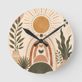 Reloj Redondo Mediano Arte botánico y sol boho