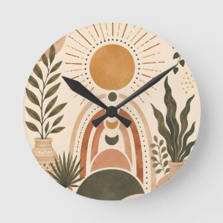Reloj Redondo Mediano Arte botánico y sol boho