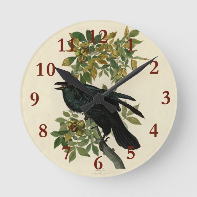 Reloj Redondo Mediano Arte clásico Audubon Raven (Anverso)