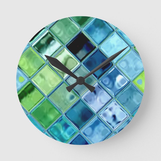 Reloj Redondo Mediano Arte de cristal verde azulado de la teja de (Anverso)