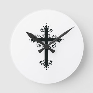 Reloj Redondo Mediano Arte de Cruz Tallada Ornamental Premium