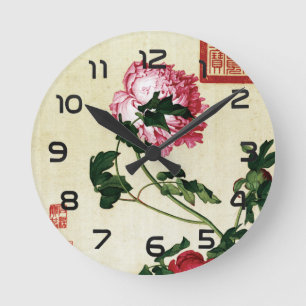 Reloj Redondo Mediano Arte de Flor de Peonía Rosa China Vintage